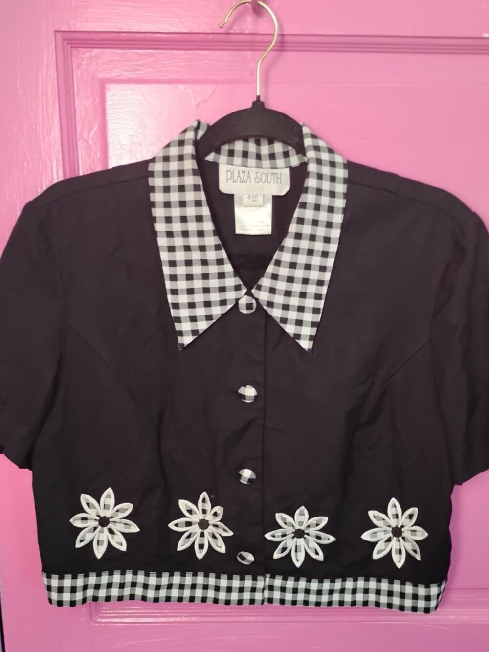 Vintage 90s Nanny Plaza South Embroidered Floral Black Crop Jacket Top Size 12